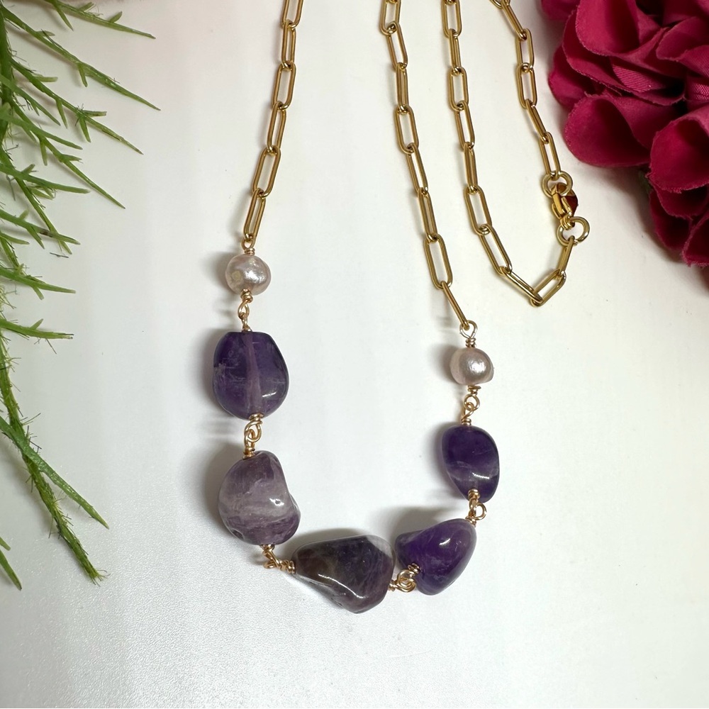 NEW⚜️Amethyst & Baroque Pearl Handmade Necklace - Picture 4 of 7